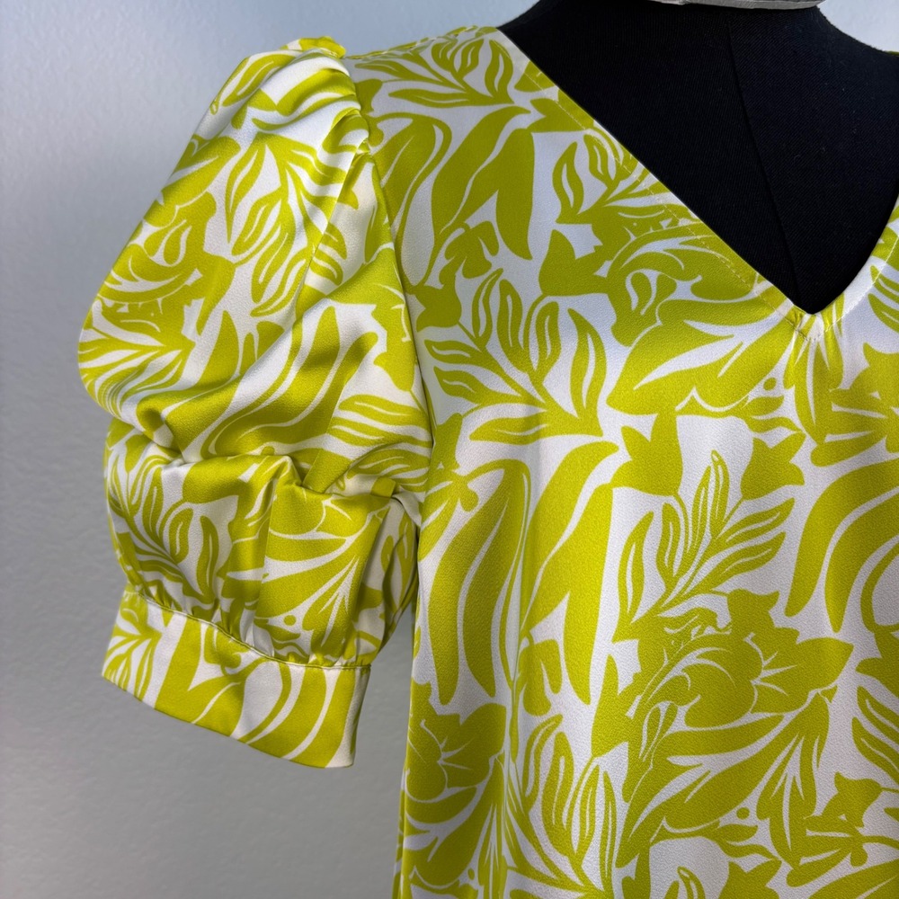 CeCe Yellow White Floral V-Neck Puff Sleeve Blouse - Picture 10 of 13